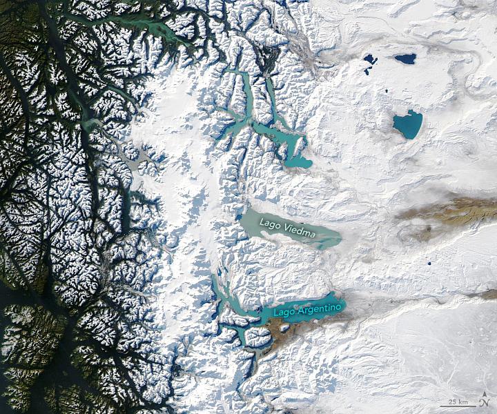 Patagonia austral con nieve y cielos despejados (imagen: NASA Earth Observatory y Lauren Dauphin, con datos obtenidos y procesados por MODIS, EOSDIS/LANCE y GIBS/Worldview).