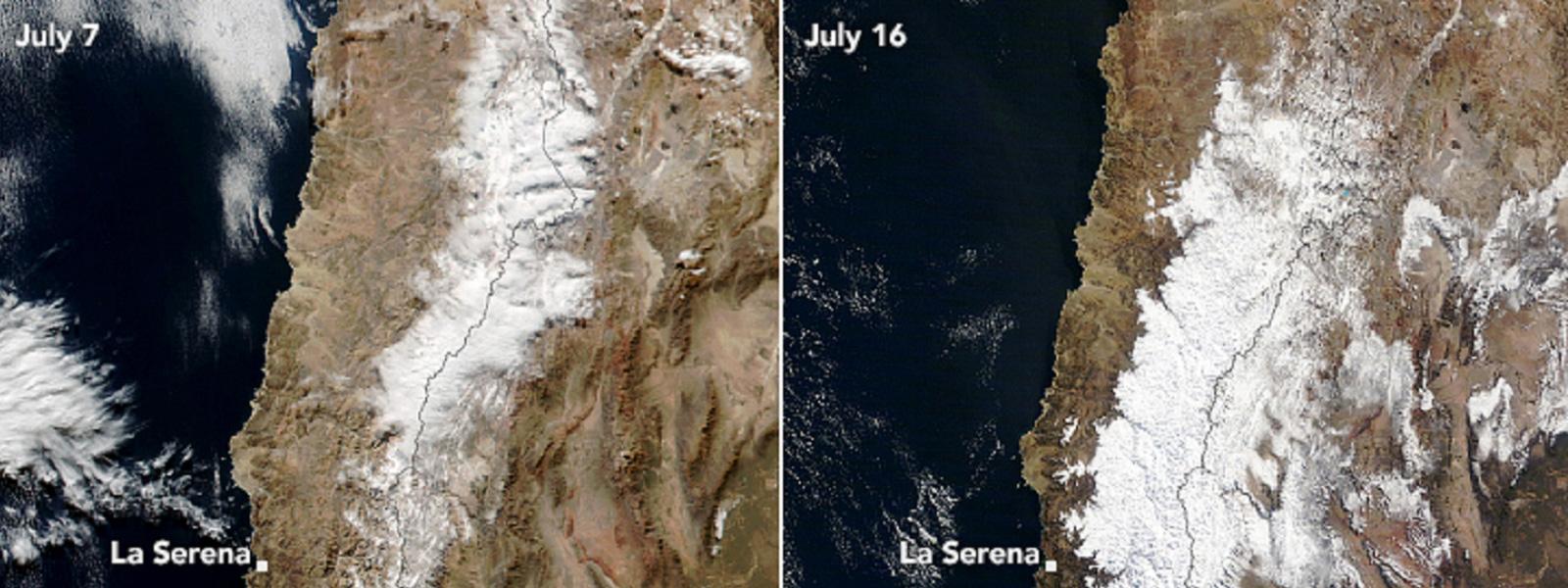 A la derecha, una vista de la abundante nieve caída a mediados de julio sobre la cordillera de Los Andes. A la izquierda, la delgada capa de nieve que cubría el mismo lugar hasta el 7 de julio último (Créditos: NASA EOSDIS LANCE, GIBS/Worldview, VIIRS y Suomi National Polar-orbiting Partnership).