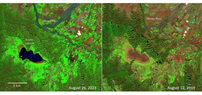 Figura 4. Imágenes Sentinel 2A del canal infrarrojo de onda corta para el 26 de agosto de 2023 y 12 de agosto de 2019. Las condiciones mucho más húmedas del 2023 se reflejan en la reaparición de la laguna de Aculeo, la mayor anchura del río Maipo y un verdor más intenso de la vegetación. Fuente: ESA-Copernicus (vía Sentinel-Hub).