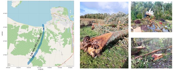 Figura 5: Ubicación de los puntos en que testigos relatan el paso de un tornado por la ciudad de Ancud (puntos negros) y posible trayectoria del tornado. Fotografías del daño del tornado en el sector de la ruta del Trauco. Agradecemos las imágenes de Daniela Altamirano, y la colaboración de Soledad Lorca, de Radio Pudeto en la investigación y realización del mapa.