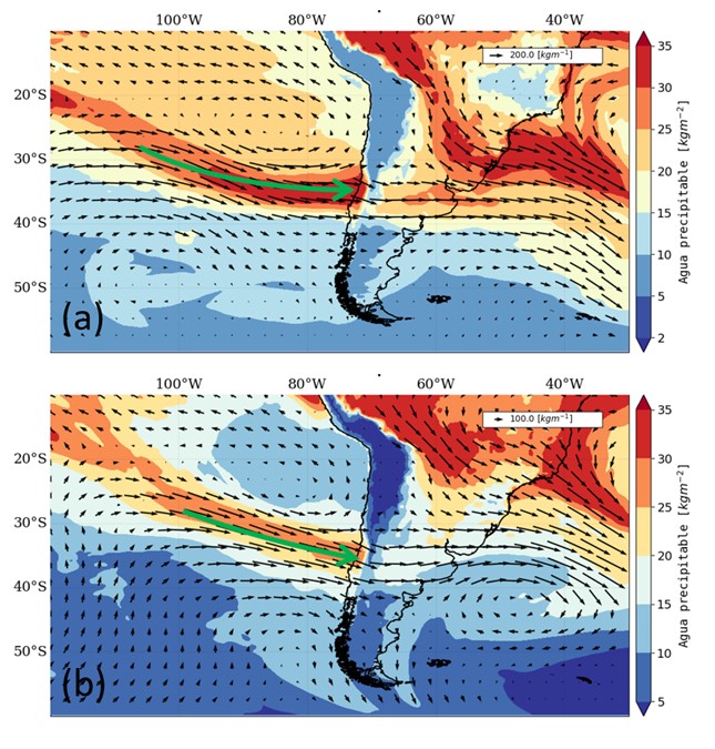 Figura 1. Figura 1. Mapa de agua precipitable (colores) y transporte integrado de vapor de agua (flechas negras) promedio de: (a) 22-23 de junio de 2023 y (b) 20-21 de agosto de 2023. El agua precipitable indica el contenido de vapor en la columna atmosférica, mientras que el transporte integrado da cuenta de la velocidad y dirección de este vapor. La flecha verde corresponde al eje del río atmosférico. Su intersección con la costa es donde ocurrieron las mayores precipitaciones. Fuente: ERA-5, vía R-Explorer.