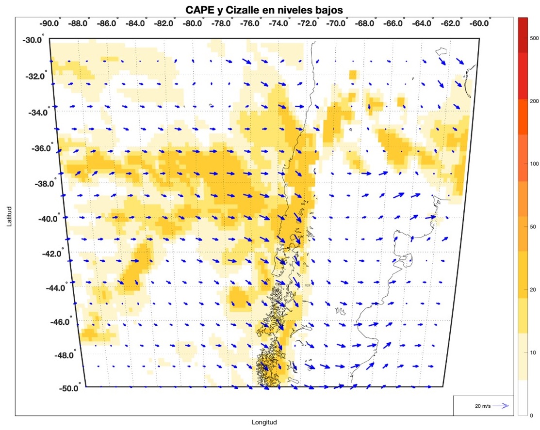 Figura 3: Distribución espacial del CAPE (Convective Available Potential Energy, barra de colores en J/kg) y del cizalle (diferencia del viento entre 850 hPa y la superficie) para el día 2 de junio a las 18:00 UTC. Fuente: Reanálisis ERA-5 (datos recolectados desde el r-Explorer https://rexplorer.cr2.cl/).