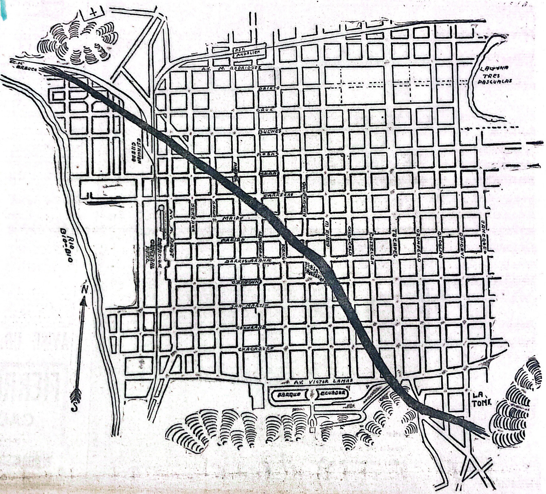 Figura 1: Ruta del tornado ocurrido en la madrugada del 27 de mayo de 1934 en Concepción. Fuente: Diario El Sur, edición del 28 de mayo de 1934. 