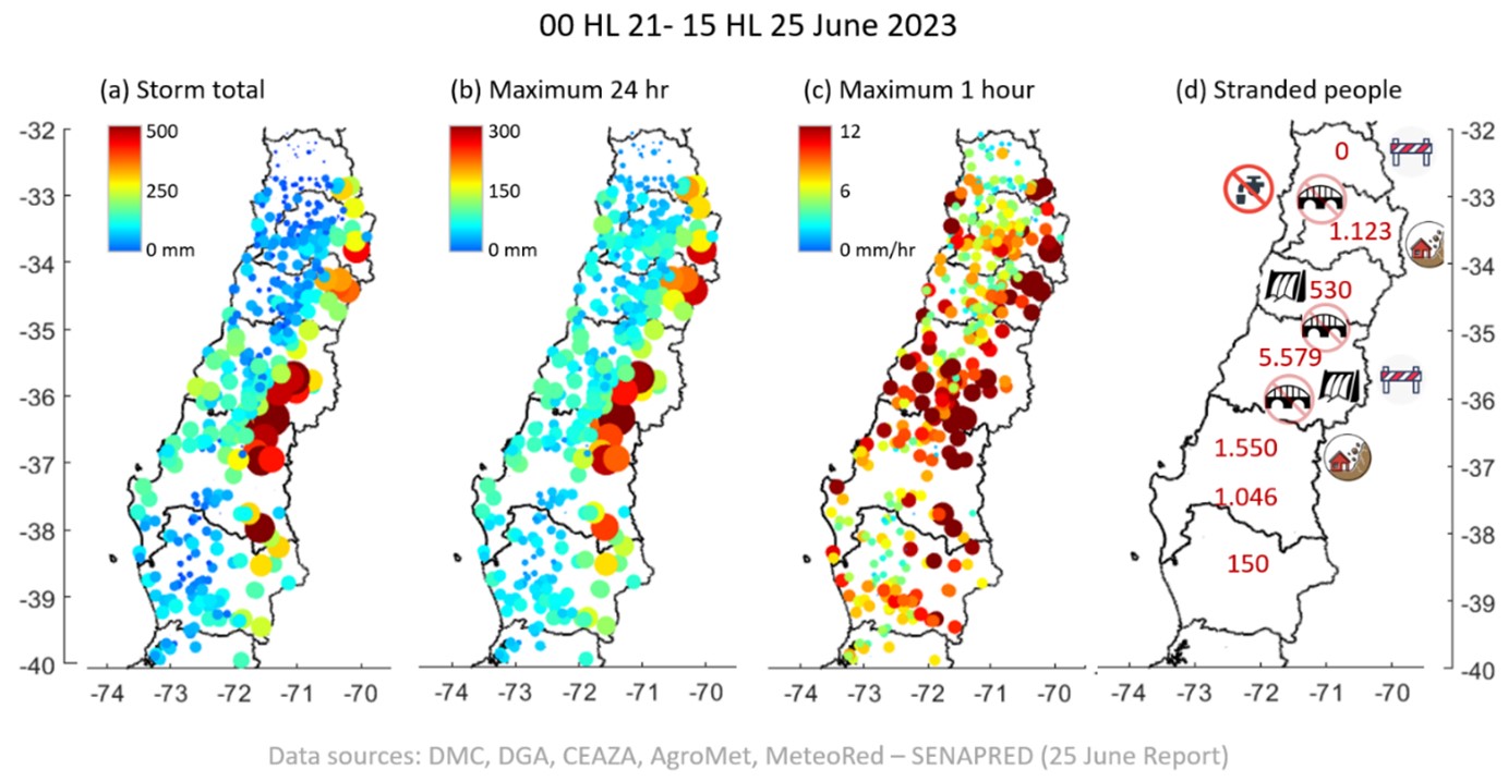 Figura 1. Mapas de (a) precipitación acumulada entre el 21 y 25 de junio de 2023, (b) máxima precipitación en 24 horas continuas durante ese periodo, (c) máxima precipitación horaria en ese periodo y (d) síntesis de daños.